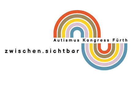 Ein geschwungener Regenbogen in blau, rosa, gelb, graugrün, rot. In der Mitte steht Autismus Kongress Fürth. Links steht zwischen.sichtbar.