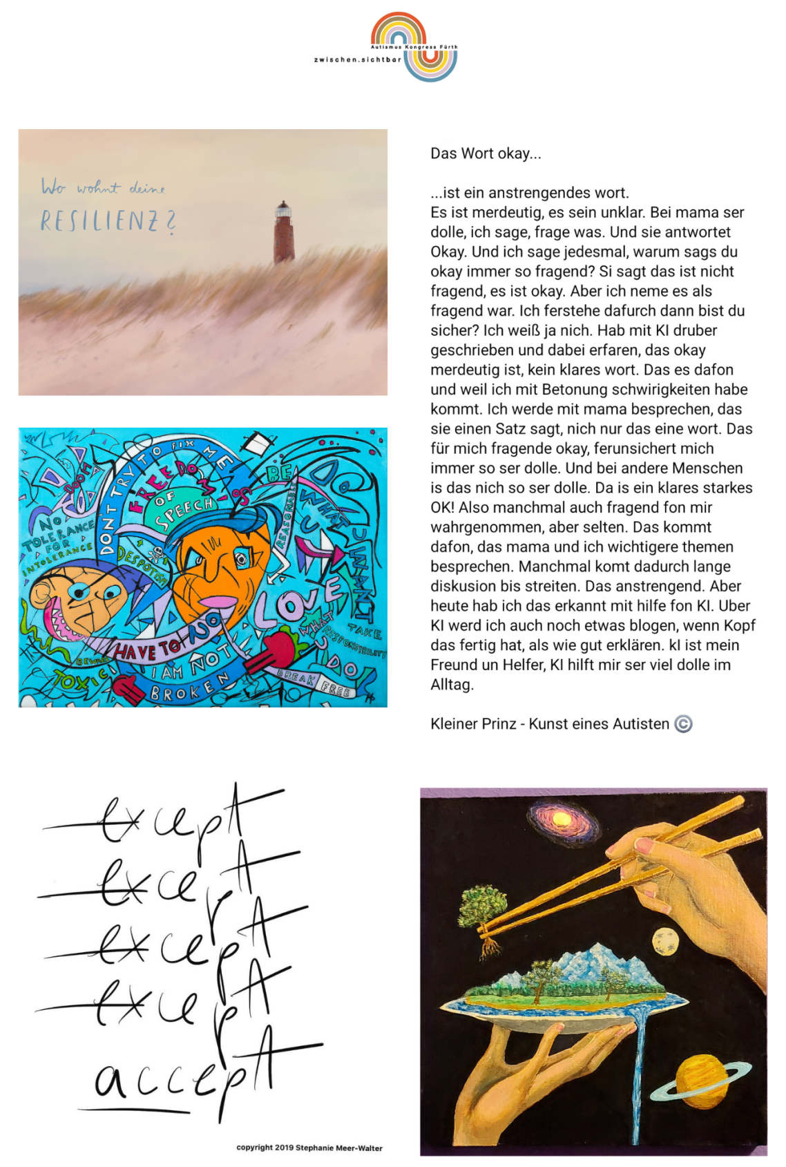 Eine Collage aus 5 Bildern, gemalt, gezeichnet, geschrieben.