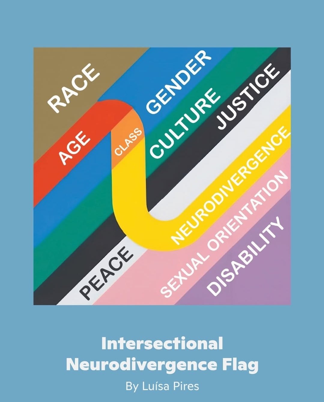 Die Begriffe "race, age, gender, culture, justice, peace, sexual orientation, disability" bunt verflochten mit neurodivergenceals pride flag
